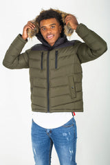 Mens Khaki Padded Coat With Black Panel