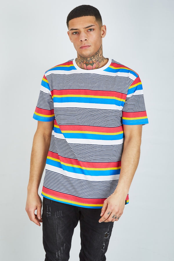 Mens Navy Multi Stripe Crew Neck T-Shirt