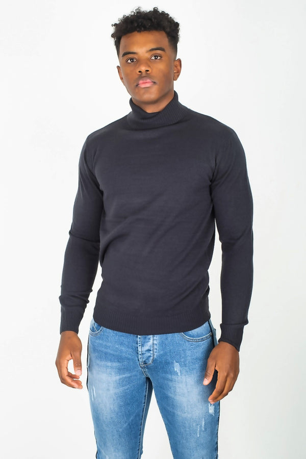 Mens Navy Polo Neck Fine Knit Jumper