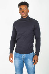 Mens Navy Polo Neck Fine Knit Jumper