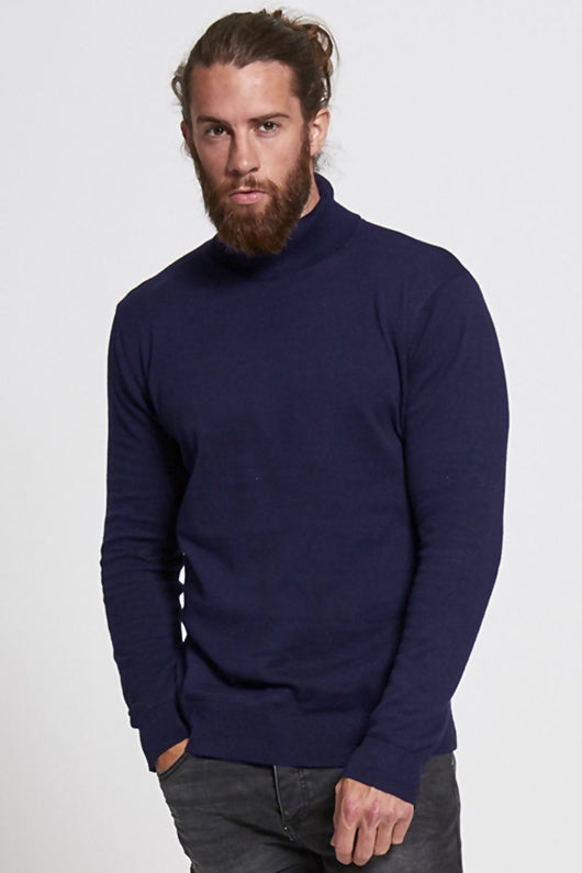 Mens Navy Turtle Neck Fine Knit Jumper