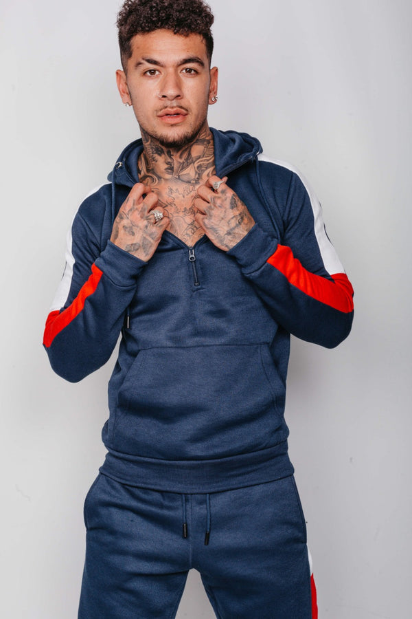 Mens Navy With White And Red Side Band Pullover Tracksuit