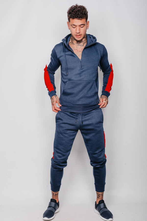 Mens Navy With White And Red Side Band Pullover Tracksuit