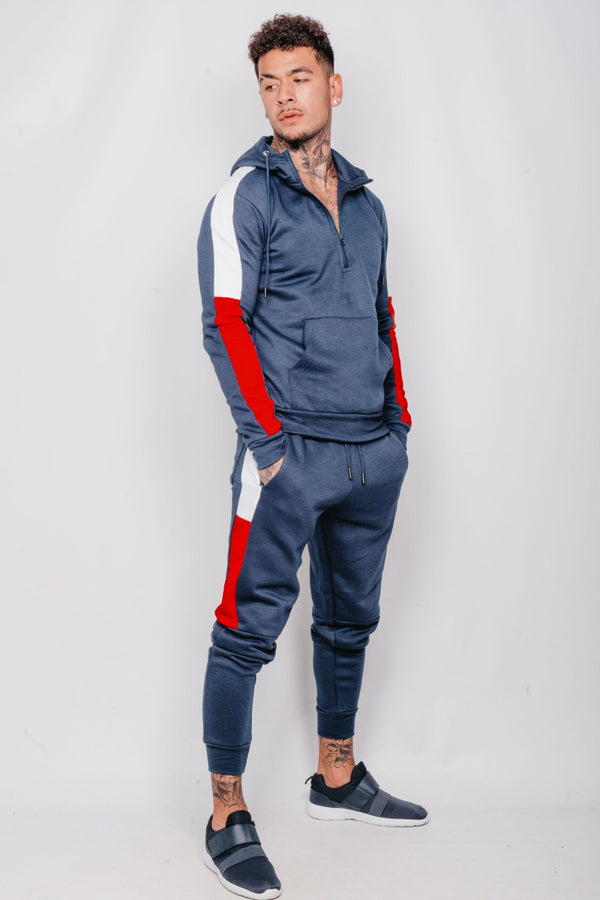 Mens Navy With White And Red Side Band Pullover Tracksuit