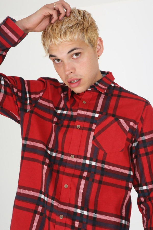 Mens Red Checked Cotton Flannel Long Sleeve Shirt