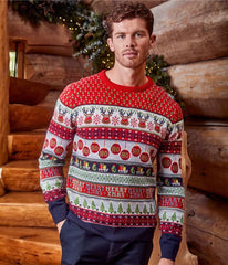 Mens Red Reindeer Bauble Fairisle Christmas Jumper