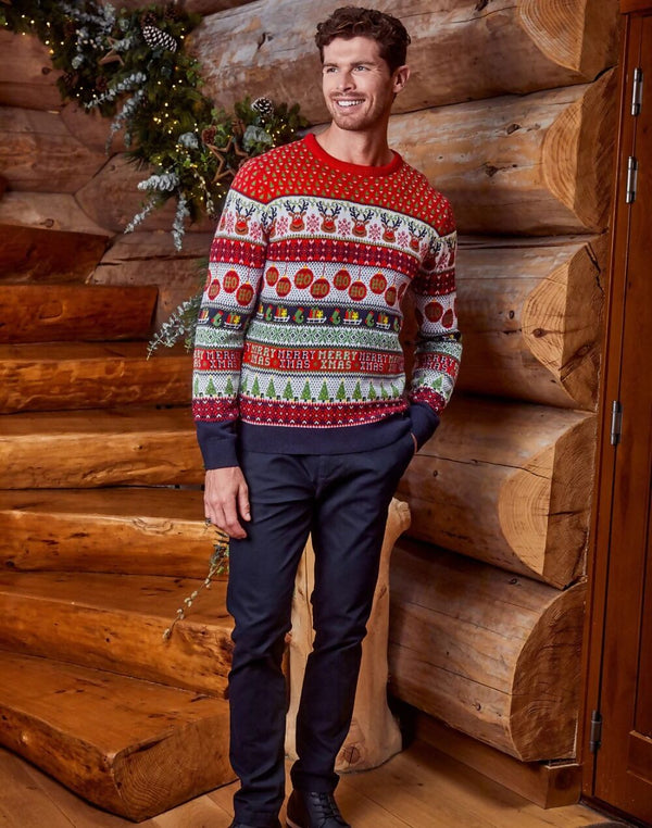 Mens Red Reindeer Bauble Fairisle Christmas Jumper