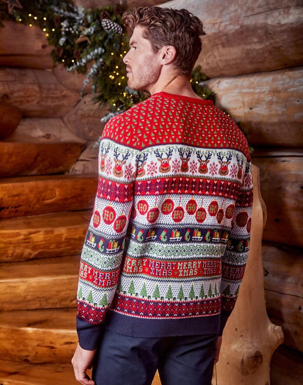 Mens Red Reindeer Bauble Fairisle Christmas Jumper