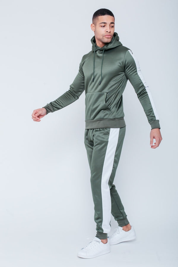 Mens Sage Green Pull Through Contrast Tape Hooded Tracksuit