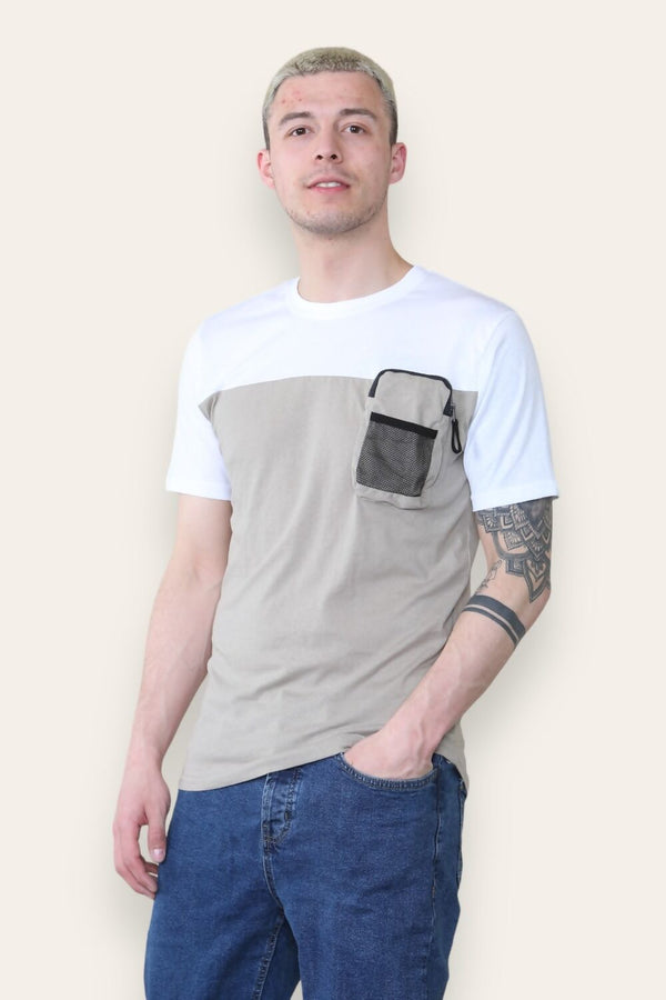 Mens Taupe And White T-Shirt With Mesh Pocket