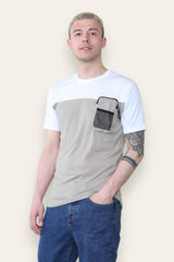 Mens Taupe And White T-Shirt With Mesh Pocket
