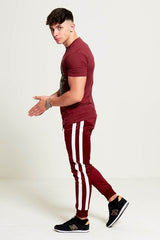 Mens Wine Aarhon Double Stripe Jogging Bottom