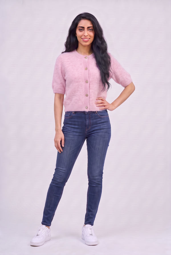 Pink Short Sleeve Button Up Knitted Cardigan - Sophia