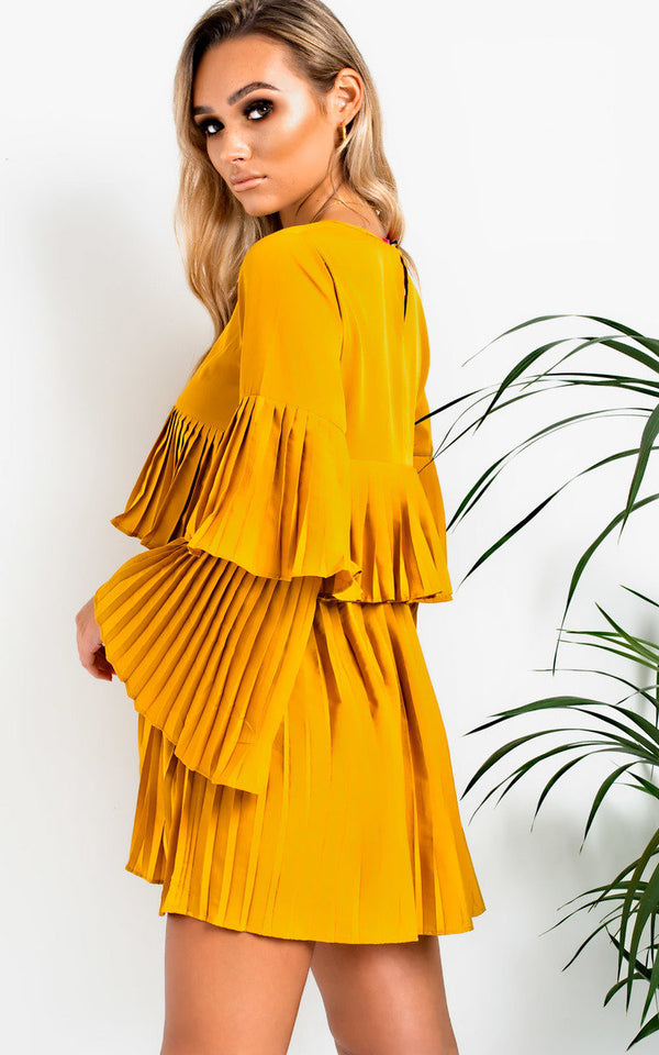 Mustard Pleated Ruffle Mini Dress