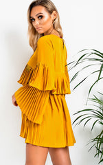 Mustard Pleated Ruffle Mini Dress