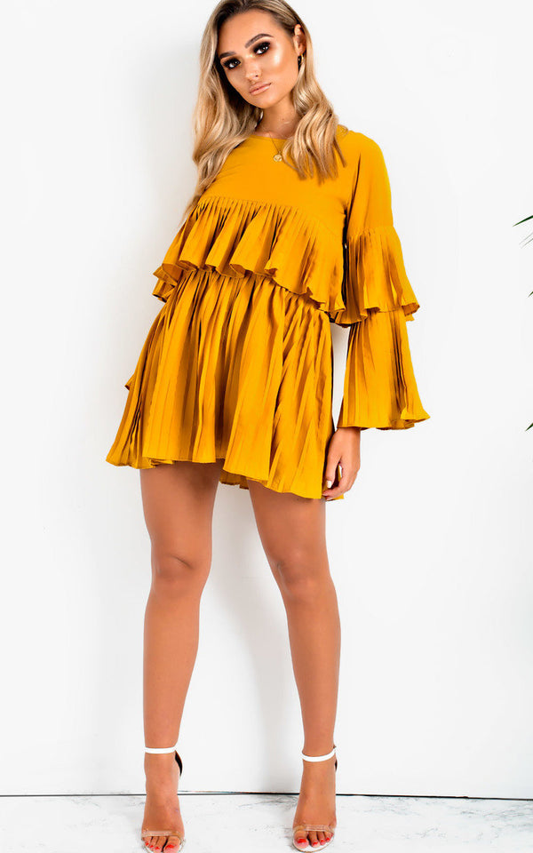 Mustard Pleated Ruffle Mini Dress