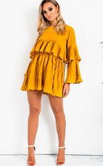 Mustard Pleated Ruffle Mini Dress