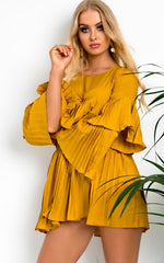 Mustard Pleated Ruffle Mini Dress
