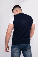 Mens Navy V-Neck Sleeveless Knitted Jumper