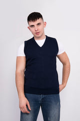 Mens Navy V-Neck Sleeveless Knitted Jumper