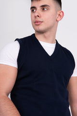 Mens Navy V-Neck Sleeveless Knitted Jumper
