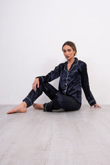 Navy Piping Detail Long Sleeve Satin Pyjama Set