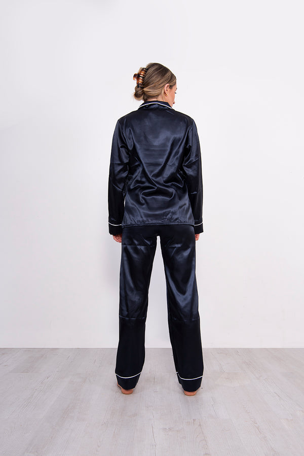 Navy Piping Detail Long Sleeve Satin Pyjama Set