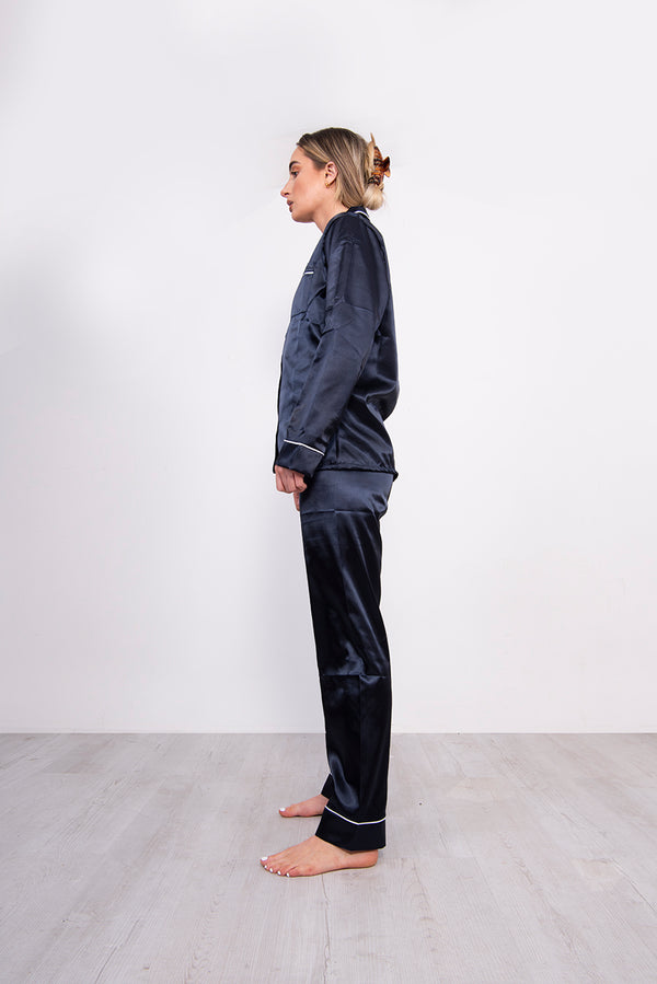 Navy Piping Detail Long Sleeve Satin Pyjama Set