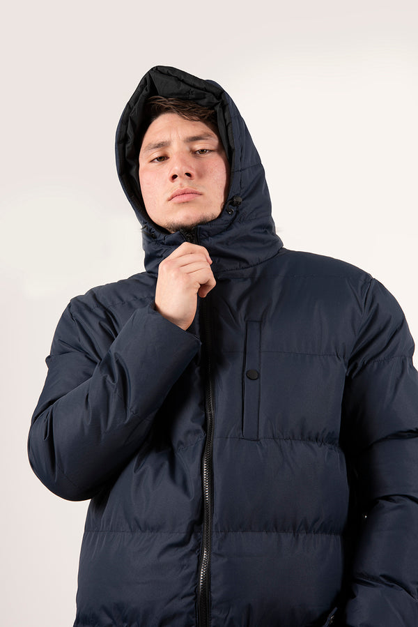 Mens Navy Longline Hooded Puffer Coat