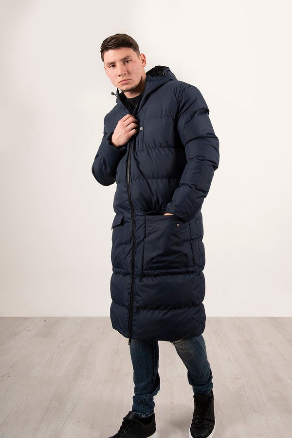 Mens Navy Longline Hooded Puffer Coat