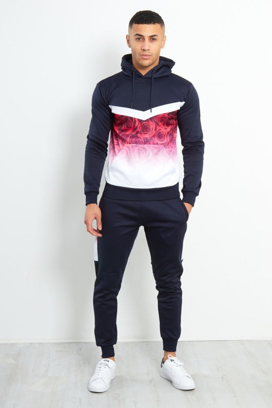Navy Slim Fit Two Tone Rose Print Tracksuit 