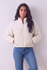 Cream Teddy Borg Zip Front Quilted Jacket with Heart Detail - Emily