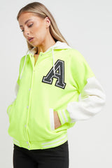 Neon Green Contrast Sleeve Hooded Varsity Jacket