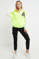 Neon Green Contrast Sleeve Hooded Varsity Jacket