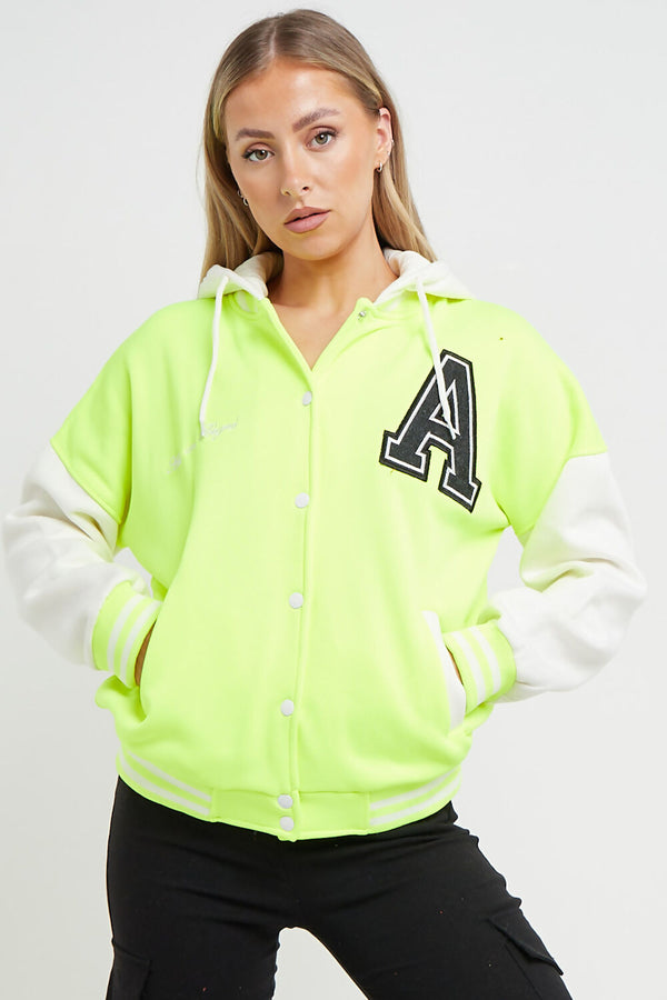 Neon Green Contrast Sleeve Hooded Varsity Jacket