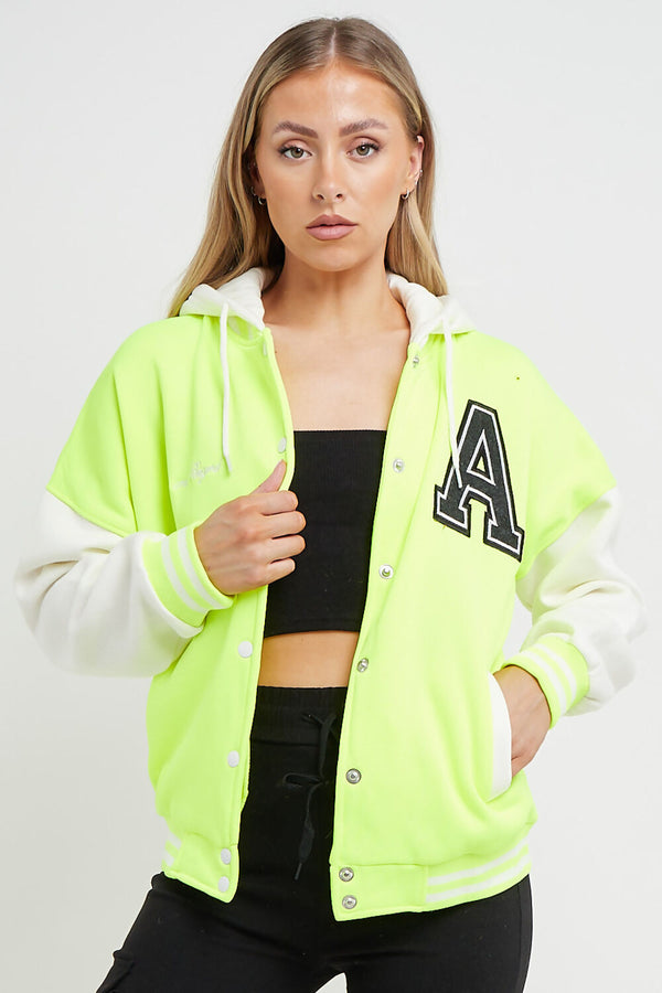 Neon Green Contrast Sleeve Hooded Varsity Jacket