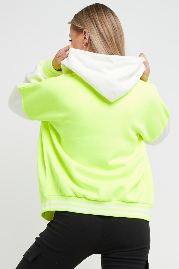 Neon Green Contrast Sleeve Hooded Varsity Jacket
