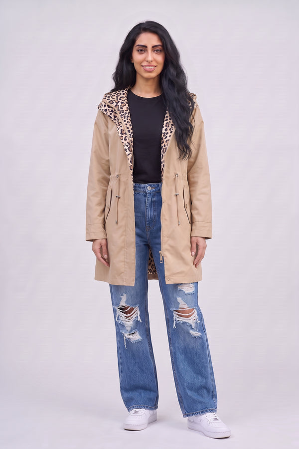 Beige Leopard-Lined Reversible Hooded Parka Jacket– Olivia