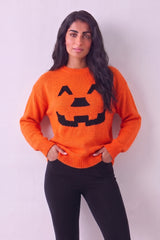 Orange Pumpkin Face Halloween Knitted Jumper - Ava