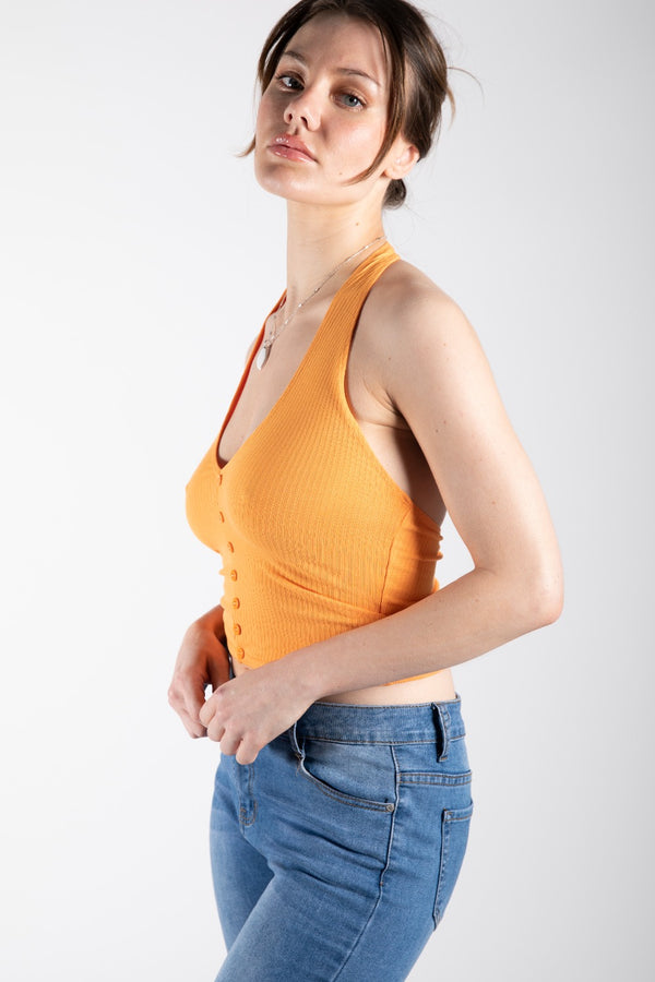 Orange Ribbed Y2K Halter Neck Top 