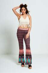 Orange Printed Flare Leg Trousers