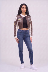 Brown & White Contrast Patch Cropped PU Leather Racer Jacket - Emily