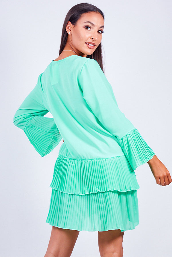 Pastel Green Ruffle Pleated Smock Mini Dress