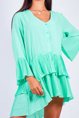 Pastel Green Ruffle Pleated Smock Mini Dress