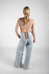 Beige Cut Out Tie Strap Long Sleeve Top