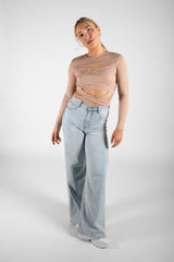 Beige Cut Out Tie Strap Long Sleeve Top