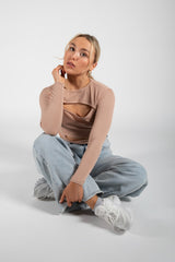 Beige Cut Out Tie Strap Long Sleeve Top