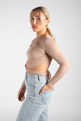 Beige Cut Out Tie Strap Long Sleeve Top