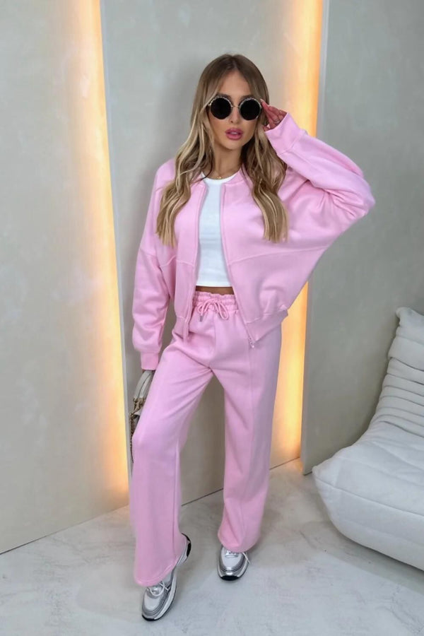Pink Bomber Sweatshirt With Straight Leg Jogger