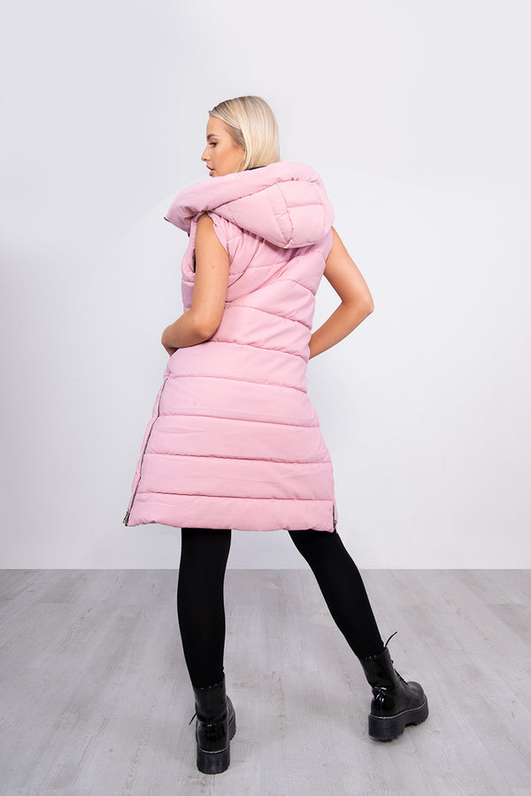 Baby Pink Longline Hooded Puffer Gilet